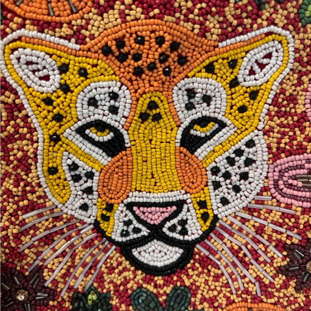 NWT Made in India Beaded Jungle cat Design bamboo handled Bag - Picture 3 of 10
